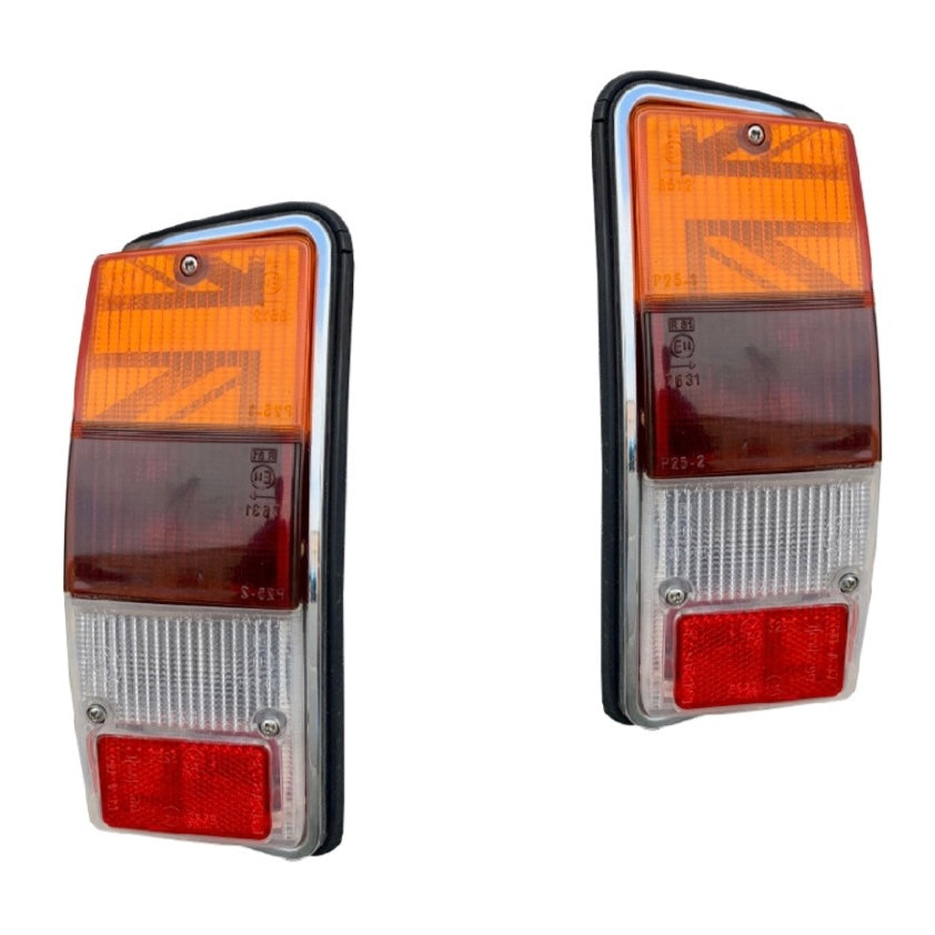 Paire de cabochons de feux arrière de Mini Austin MK4 à MK7 avec motifs Union Jack adhésifs visibles dans les clignotants orange
